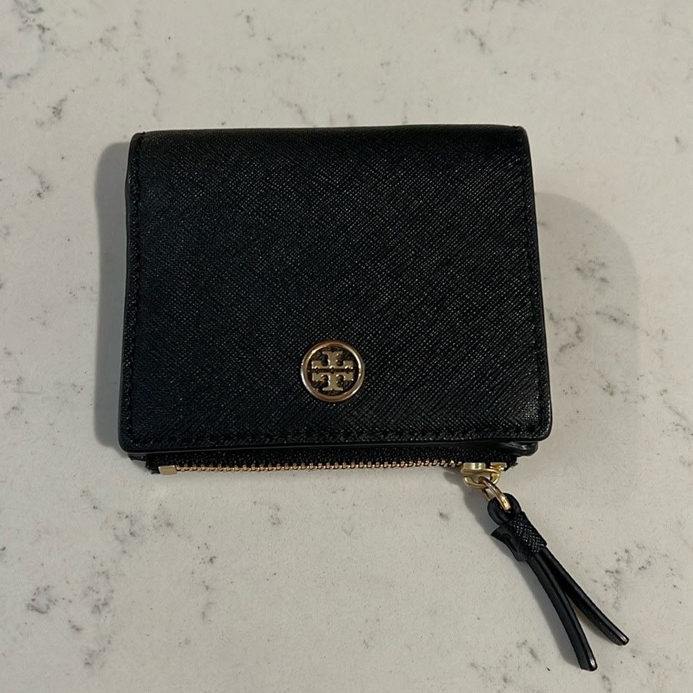 Tory Burch Black Leather Bifold Wallet with Gold Logo
